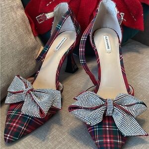 Red Plaid Women's Heels with Bow